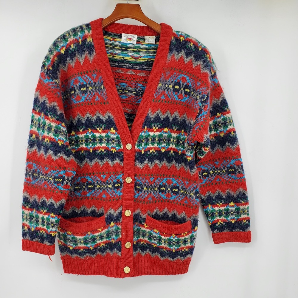 Vintage Marsh Landing Red Shetland Wool Fair Isle Cardigan Sweater Nordic 80 90s